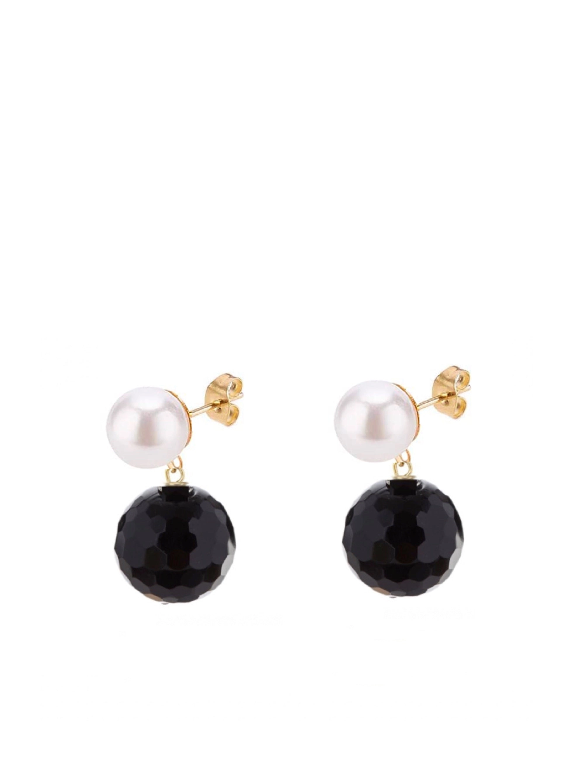 18K Gold Black & White Pearl Drop Earrings