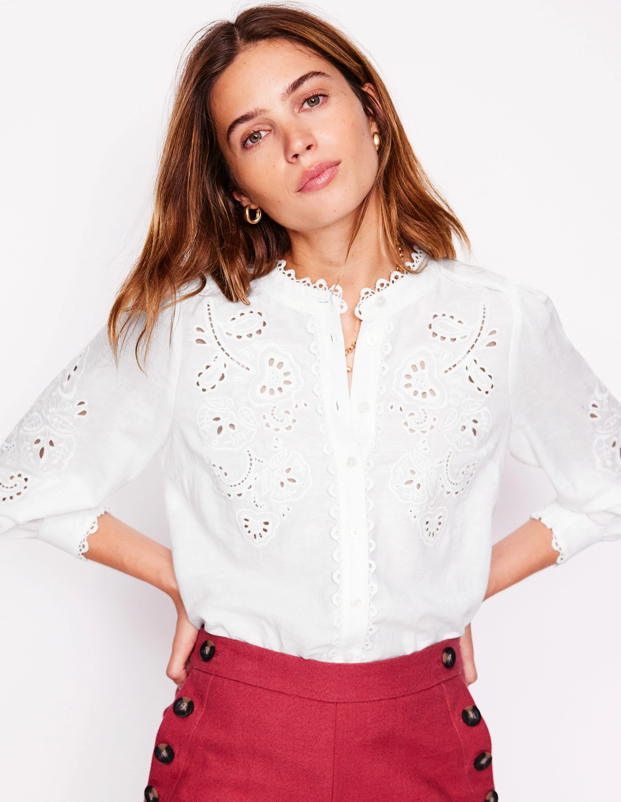 Alicia Cutwork Linen Top-White. Cutwork Embroidery