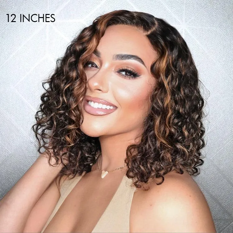 Exclusive Sale | Casual Blonde Highlights Curly Minimalist HD Lace Glueless C Part Short Wig 100% Human Hair