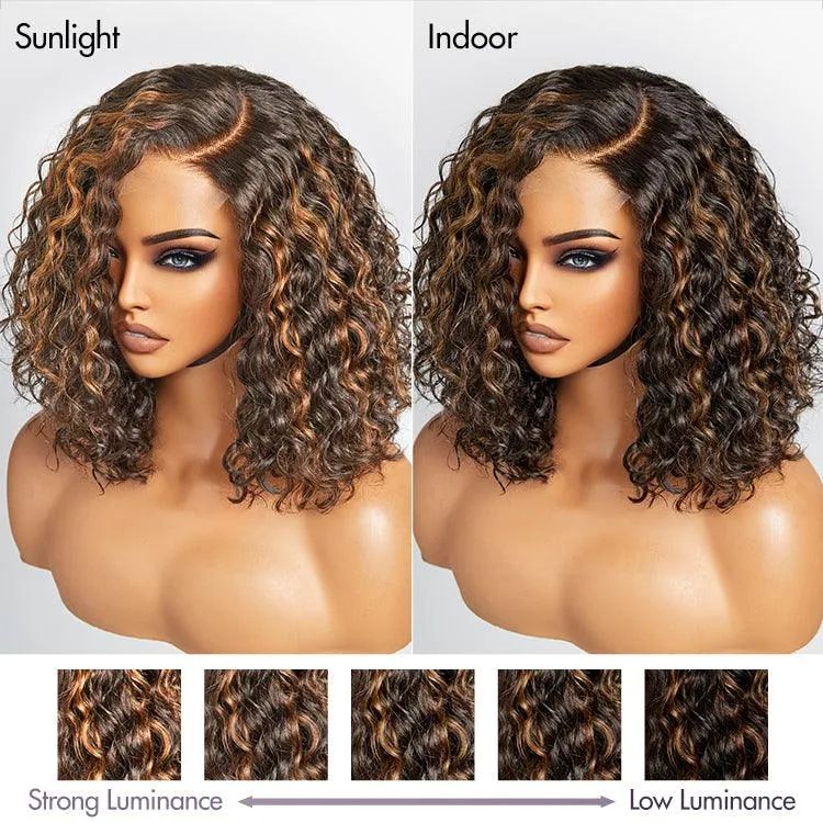 Exclusive Sale | Casual Blonde Highlights Curly Minimalist HD Lace Glueless C Part Short Wig 100% Human Hair