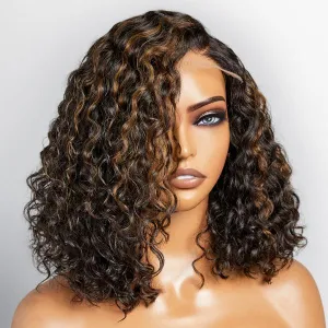 Exclusive Sale | Casual Blonde Highlights Curly Minimalist HD Lace Glueless C Part Short Wig 100% Human Hair