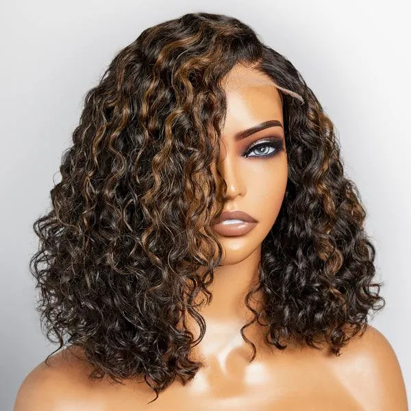 Exclusive Sale | Casual Blonde Highlights Curly Minimalist HD Lace Glueless C Part Short Wig 100% Human Hair