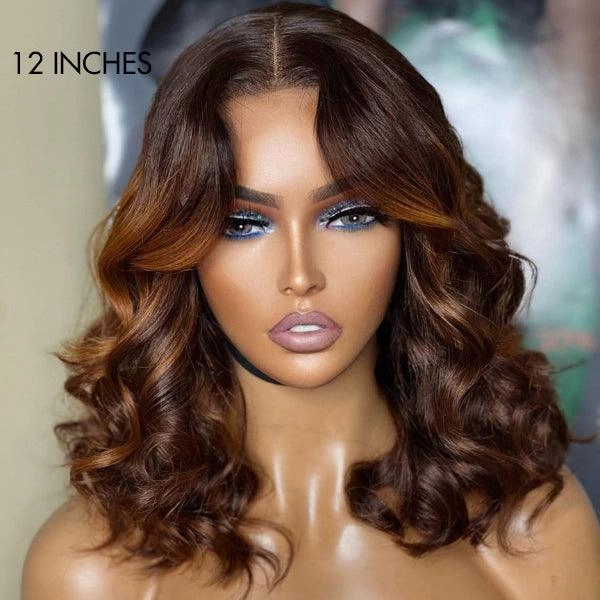 Exclusive Sale | Elegant Brown Ombre Loose Wave Minimalist HD Lace Glueless Short Wig 100% Human Hair