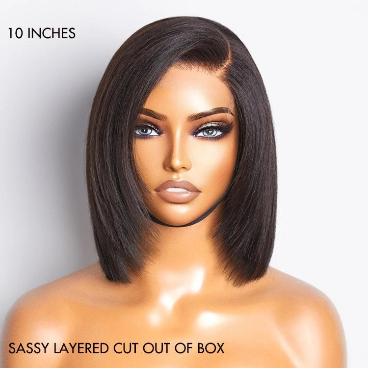 Exclusive Sale | Layered Cut Yaki Straight Left C Part Glueless Minimalist HD Lace Bob Wig Ready to Go