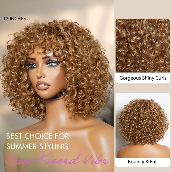 Exclusive Sale | Lightweight Sun-kissed Vibe Blonde Short Cut Water Wave Glueless Minimalist Lace Wig with Bangs