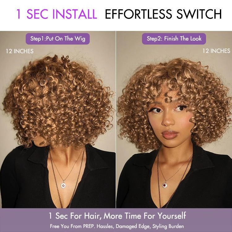 Exclusive Sale | Lightweight Sun-kissed Vibe Blonde Short Cut Water Wave Glueless Minimalist Lace Wig with Bangs