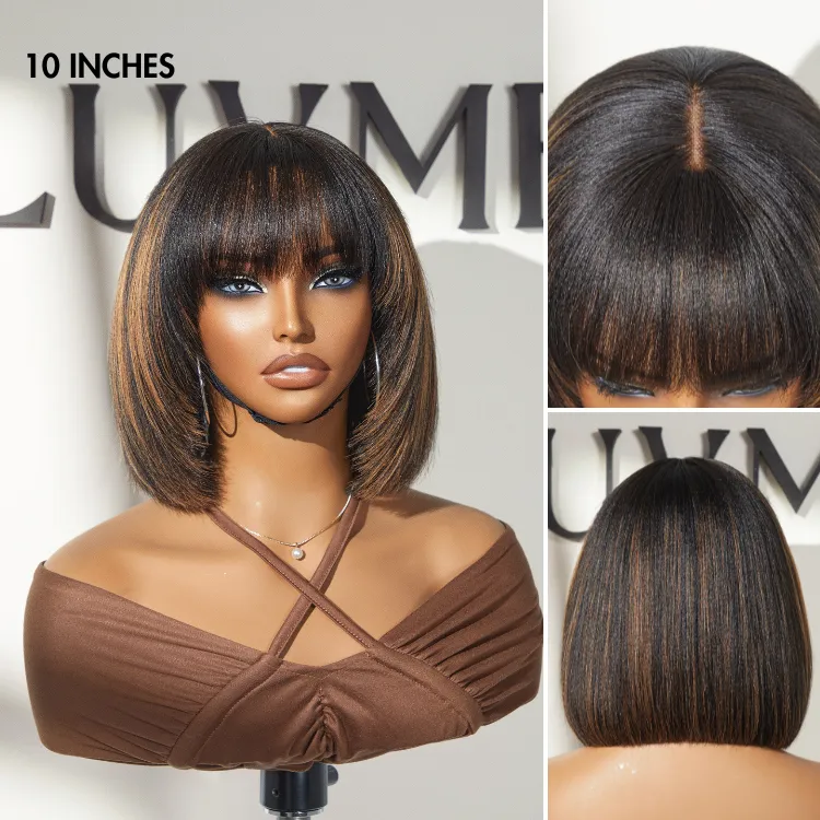 Exclusive Sale | Put On and Go Reddish Purple / Brown Highlight / Natural Black Layered Cut Yaki Straight Minimalist Lace Bob Wig with Bangs