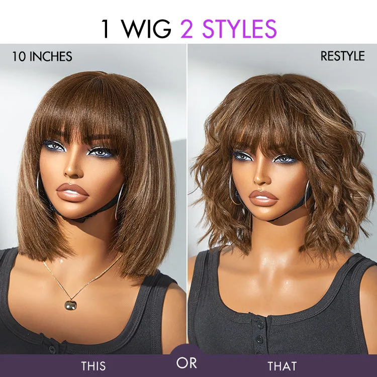 Exclusive Sale | Put On and Go Reddish Purple / Brown Highlight / Natural Black Layered Cut Yaki Straight Minimalist Lace Bob Wig with Bangs