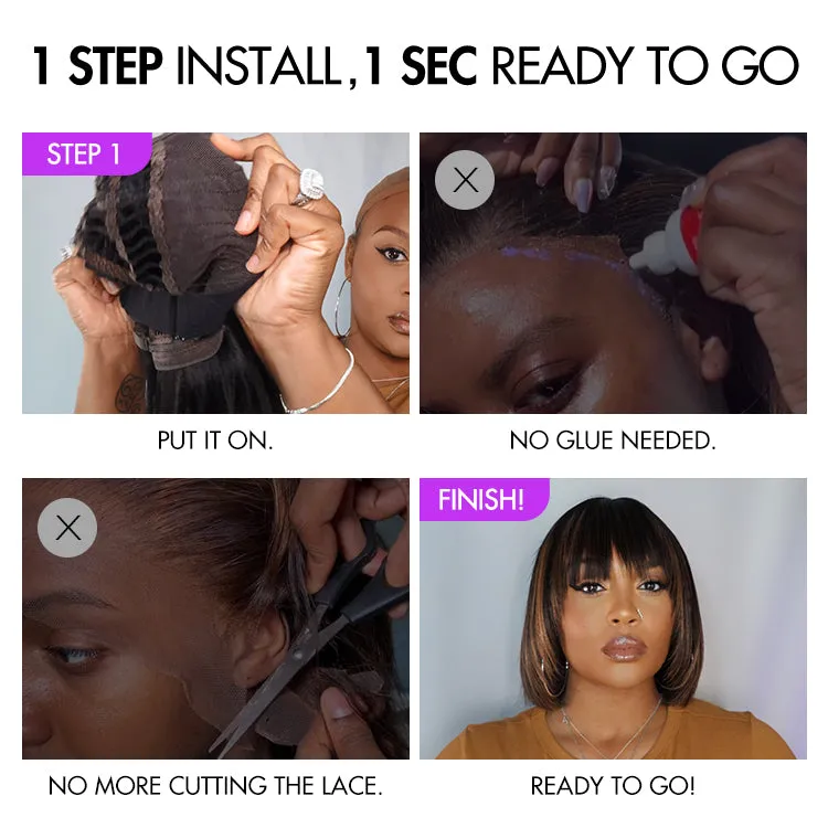 Exclusive Sale | Put On and Go Reddish Purple / Brown Highlight / Natural Black Layered Cut Yaki Straight Minimalist Lace Bob Wig with Bangs