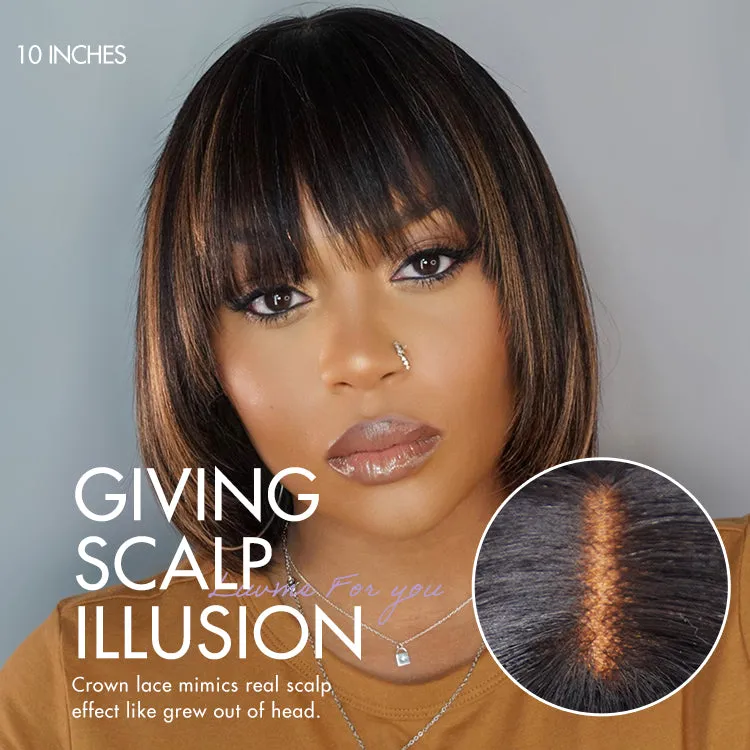Exclusive Sale | Put On and Go Reddish Purple / Brown Highlight / Natural Black Layered Cut Yaki Straight Minimalist Lace Bob Wig with Bangs