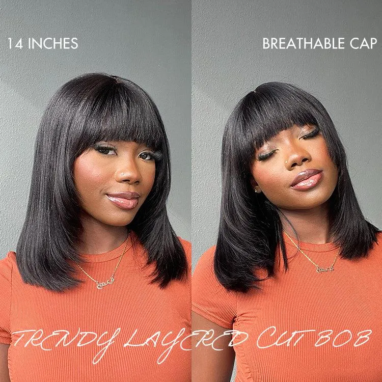 Exclusive Sale | Put On and Go Reddish Purple / Brown Highlight / Natural Black Layered Cut Yaki Straight Minimalist Lace Bob Wig with Bangs
