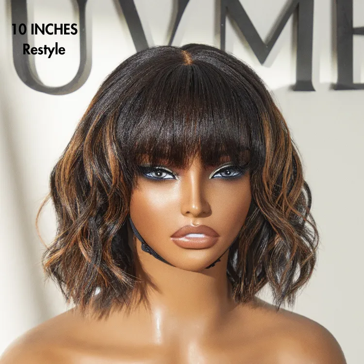 Exclusive Sale | Put On and Go Reddish Purple / Brown Highlight / Natural Black Layered Cut Yaki Straight Minimalist Lace Bob Wig with Bangs