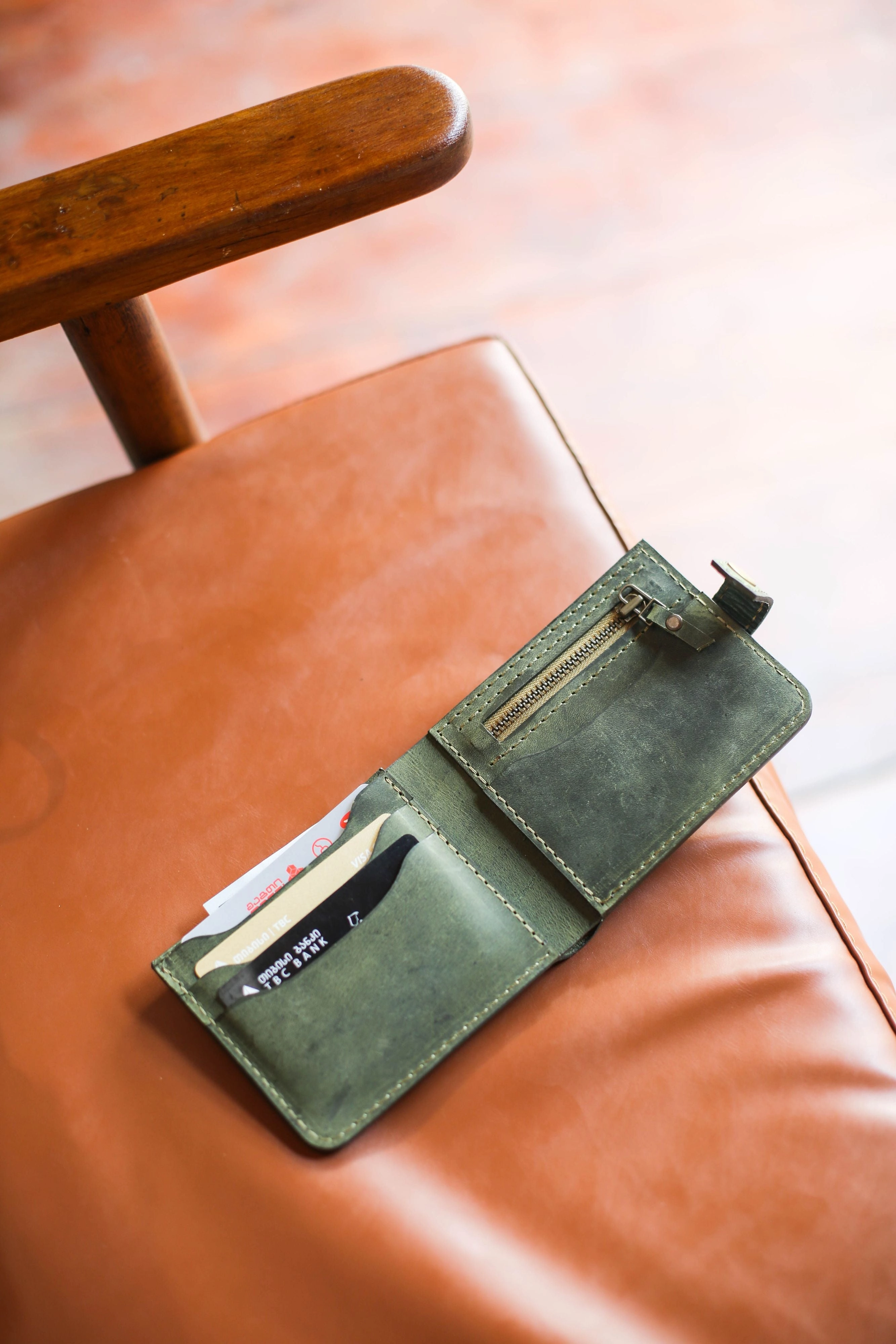 Leather Bifold Wallet - Khaki Green