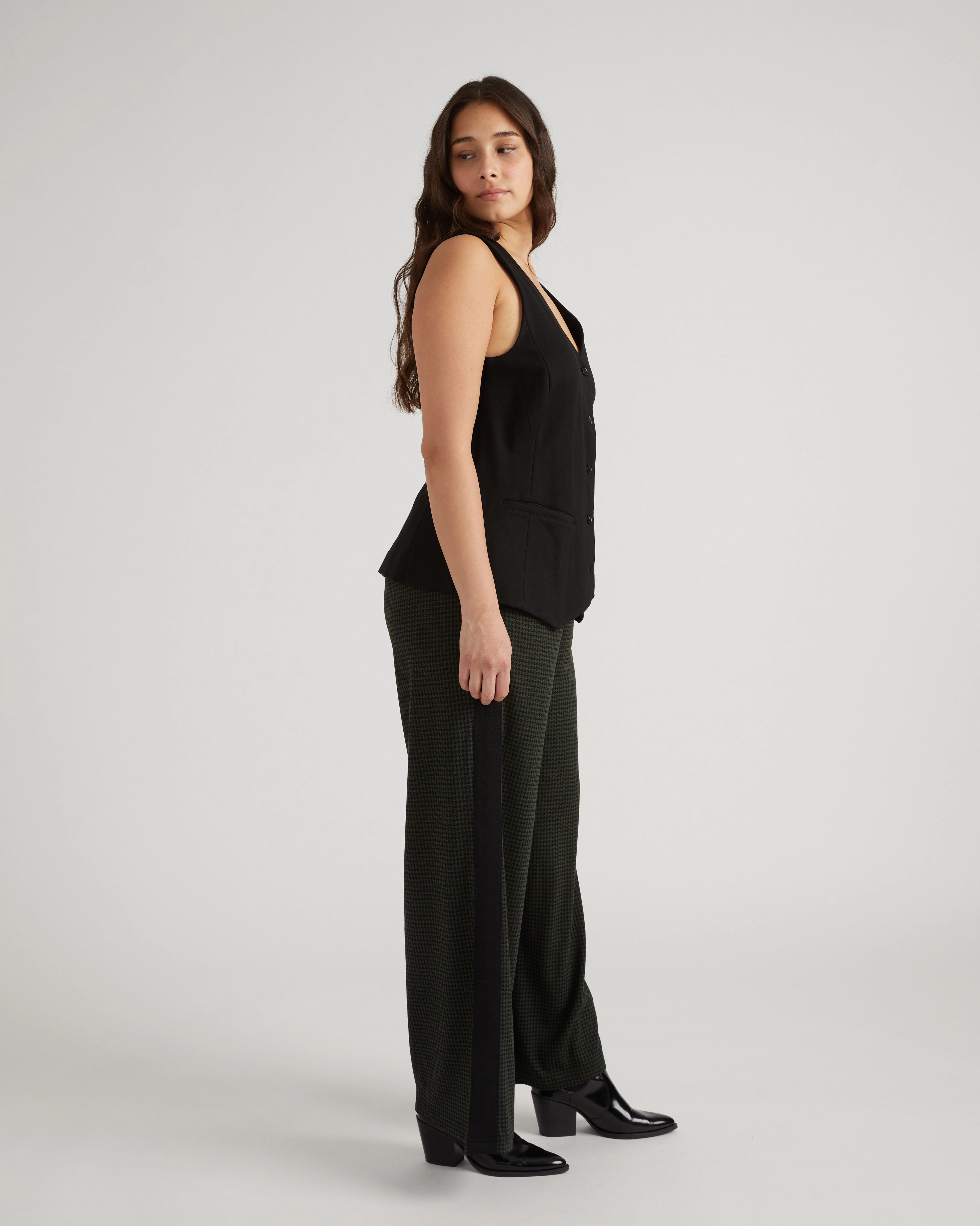Stephanie Wide Leg Stripe Ponte Pants 30 Inch - Forest Houndstooth with Black Stripe