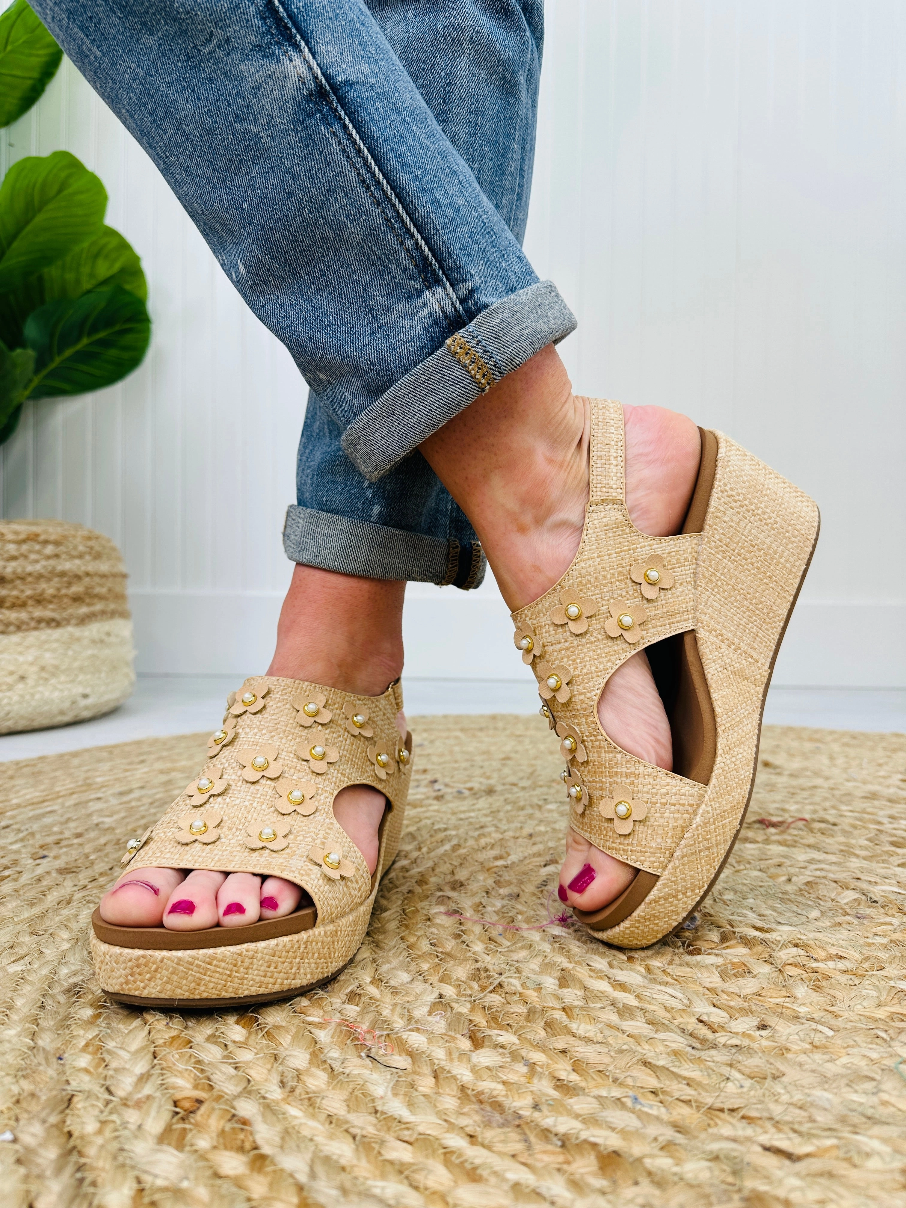 Twist Of Elegance Wedges In Raffia Flower