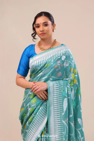 Verdigris Green Floral Tussar Banarasi Saree
