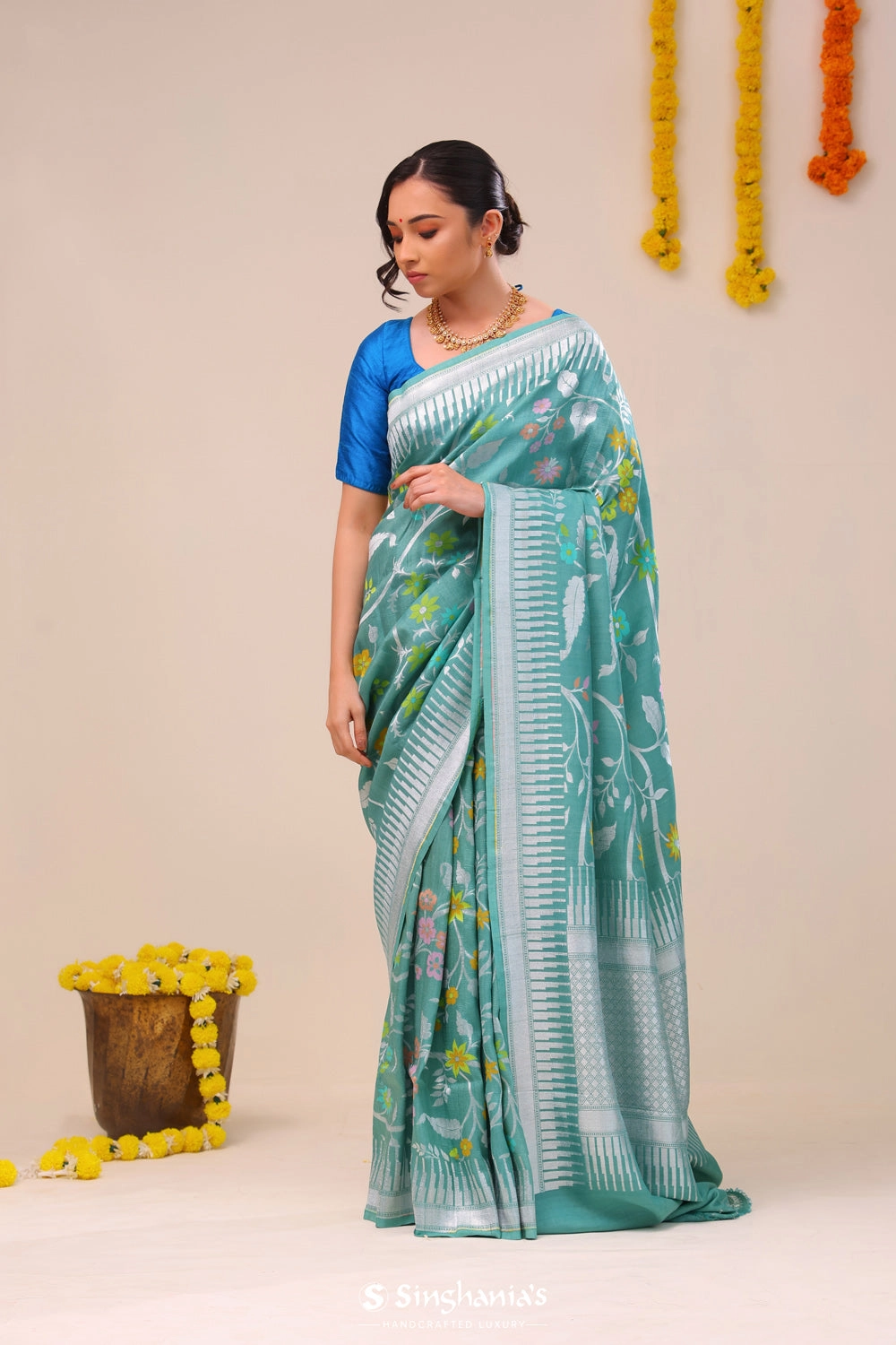 Verdigris Green Floral Tussar Banarasi Saree