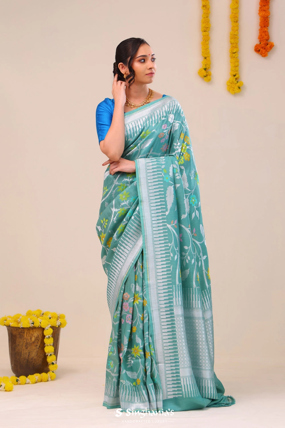 Verdigris Green Floral Tussar Banarasi Saree