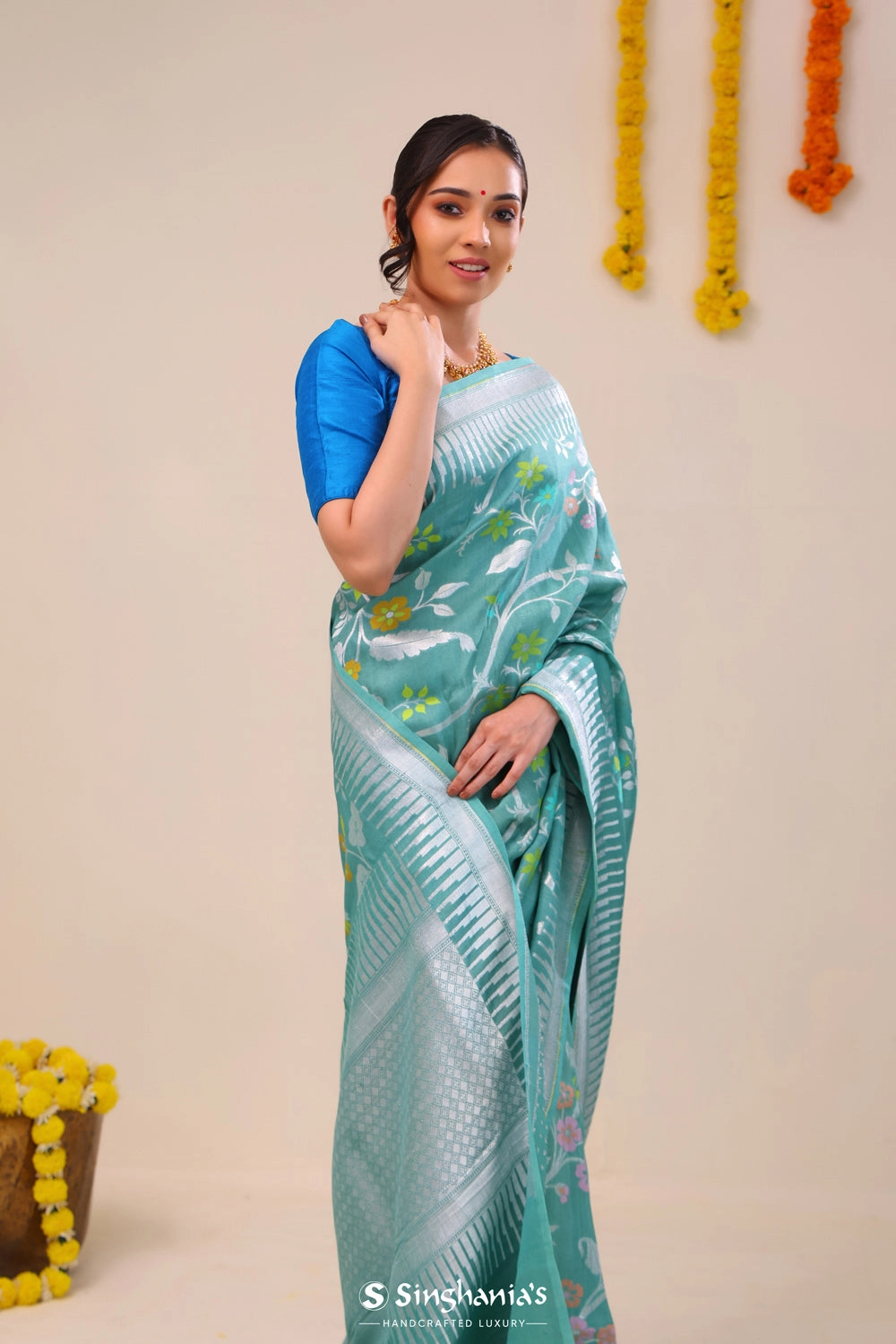 Verdigris Green Floral Tussar Banarasi Saree