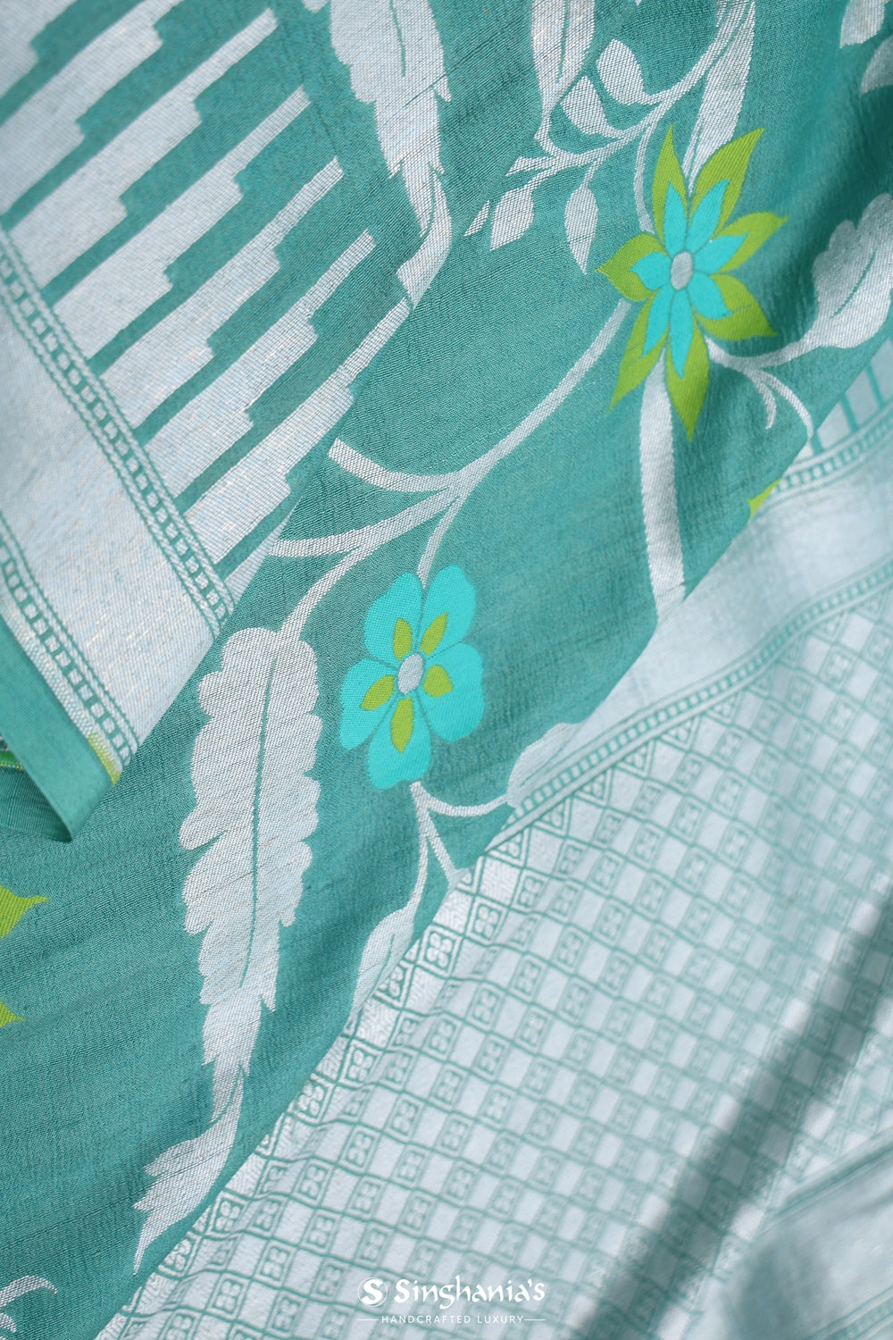 Verdigris Green Floral Tussar Banarasi Saree
