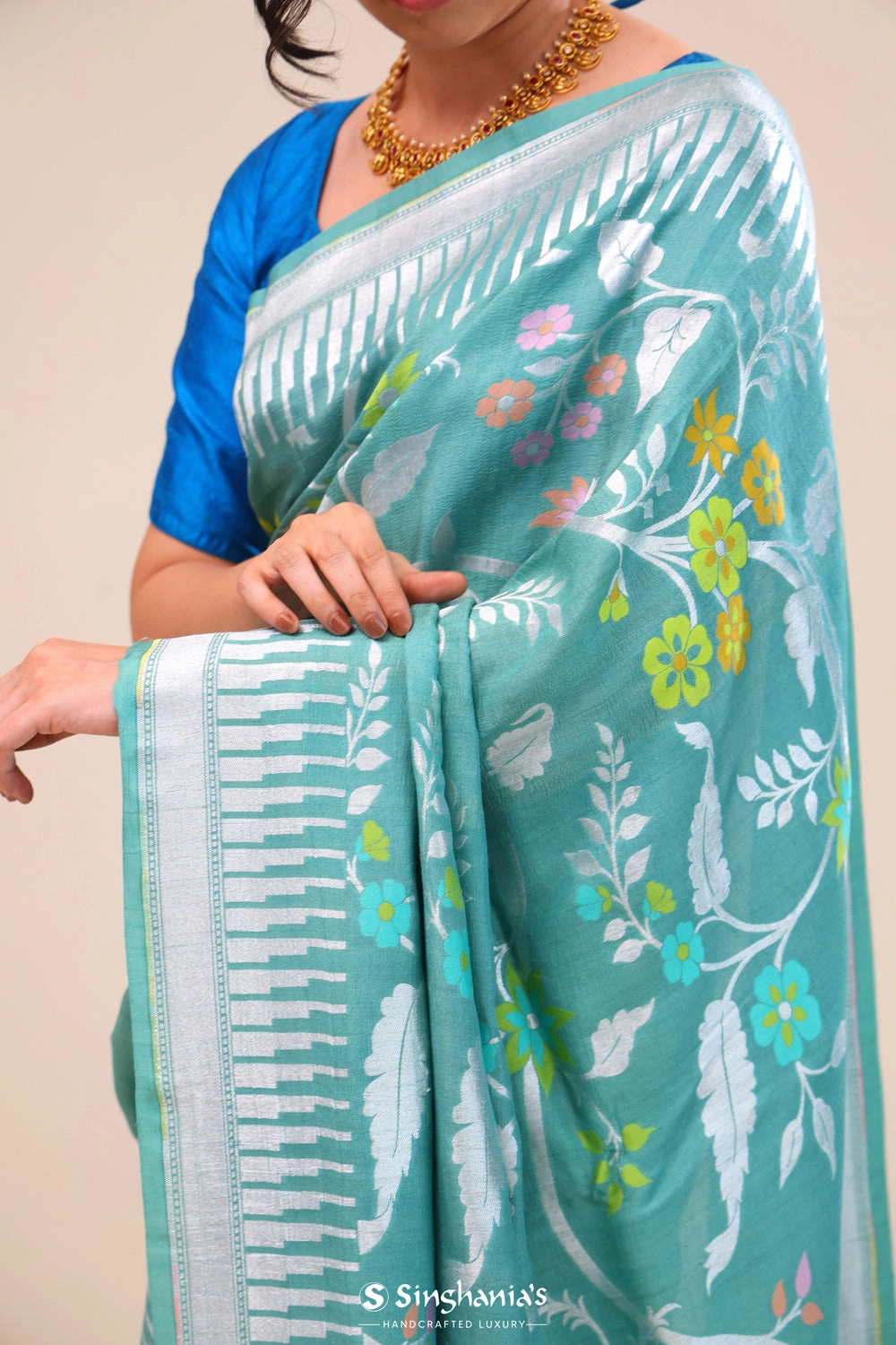 Verdigris Green Floral Tussar Banarasi Saree