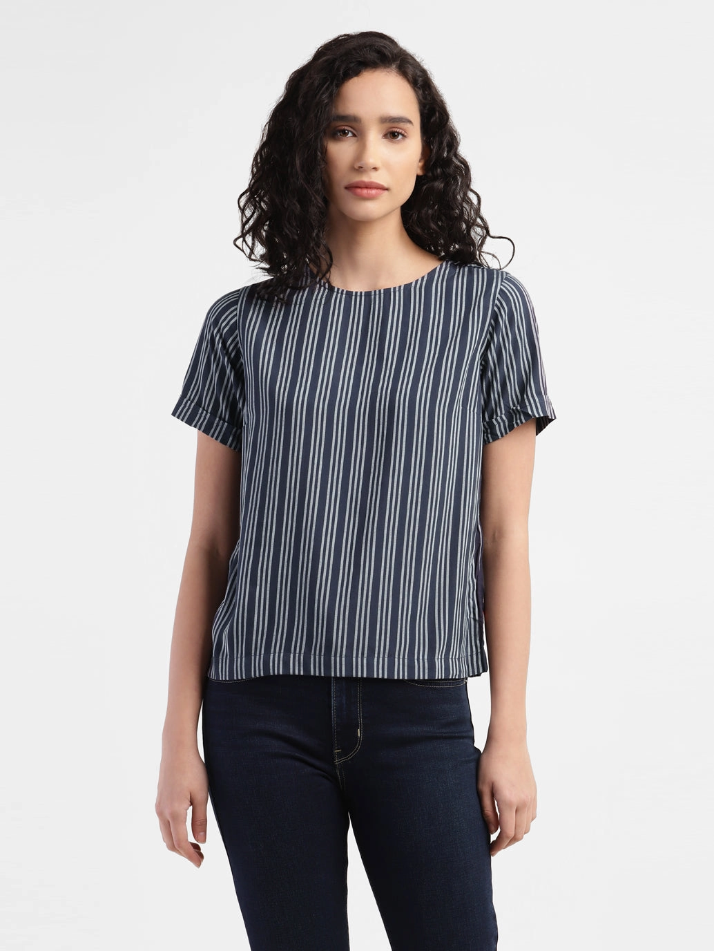 Women's Striped Navy Round Neck Tops