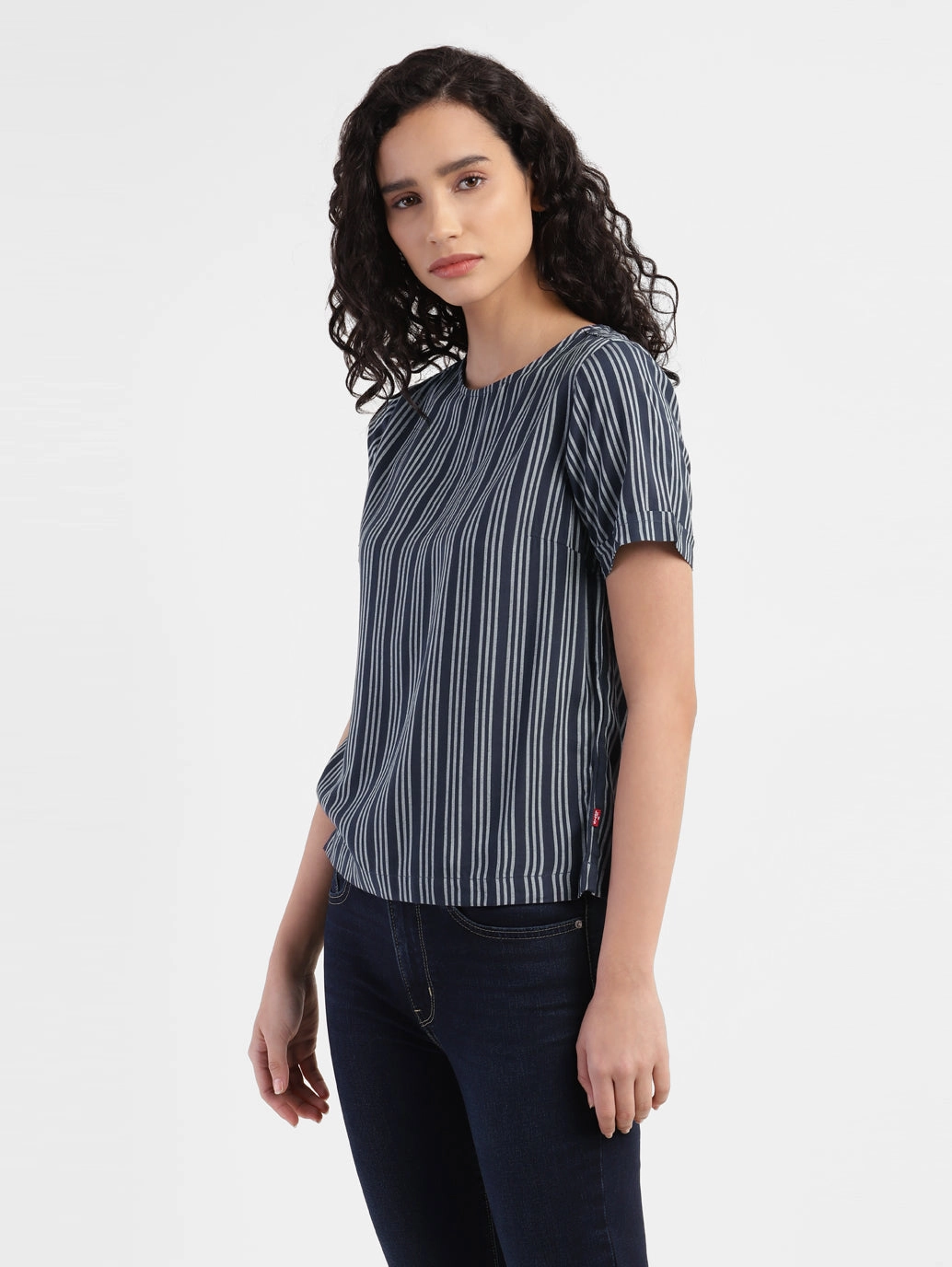 Women's Striped Navy Round Neck Tops