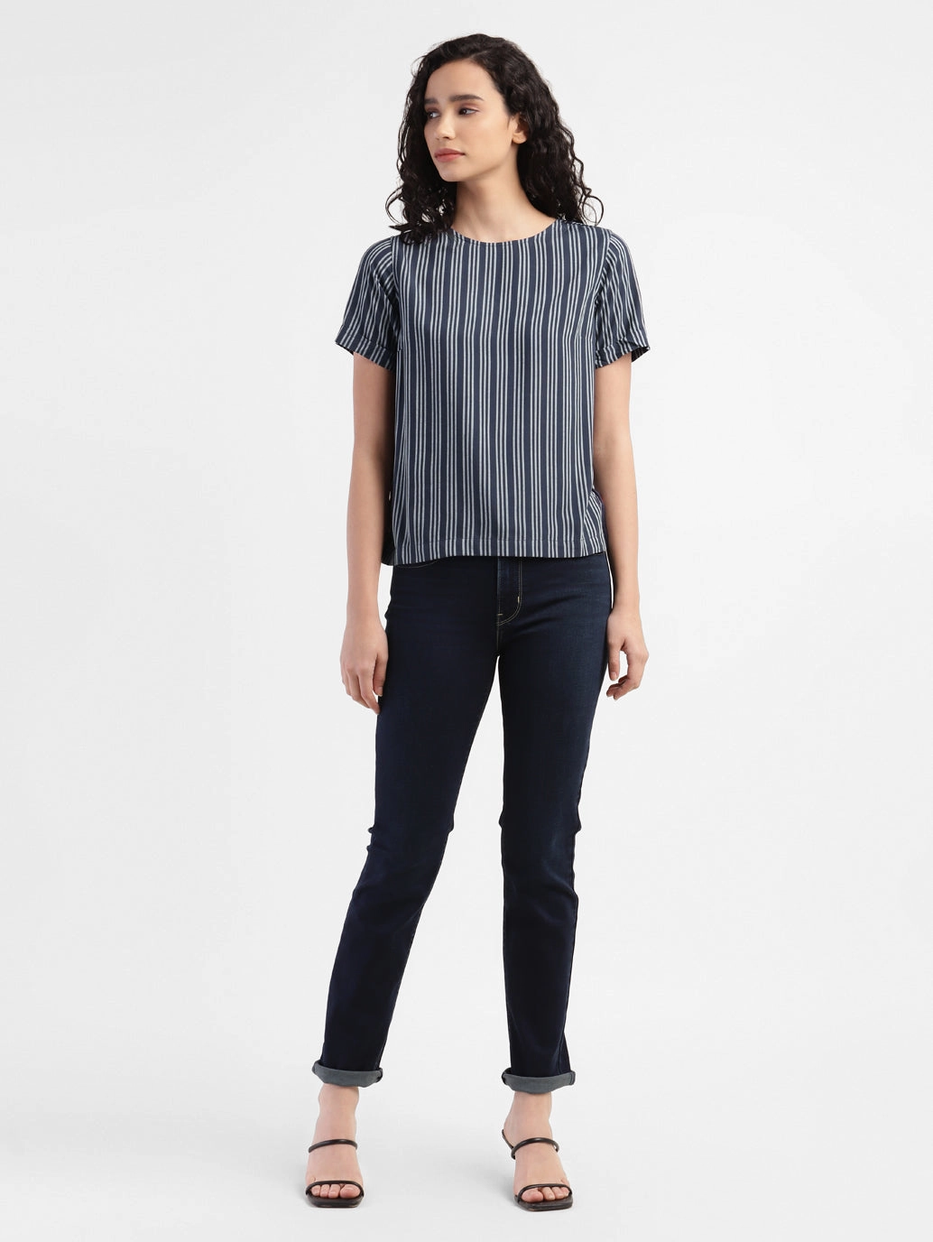 Women's Striped Navy Round Neck Tops