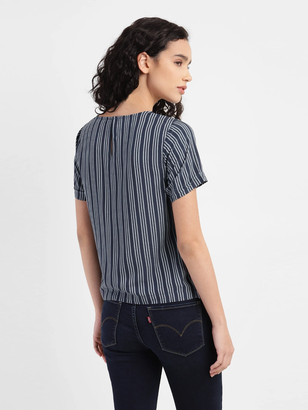 Women's Striped Navy Round Neck Tops
