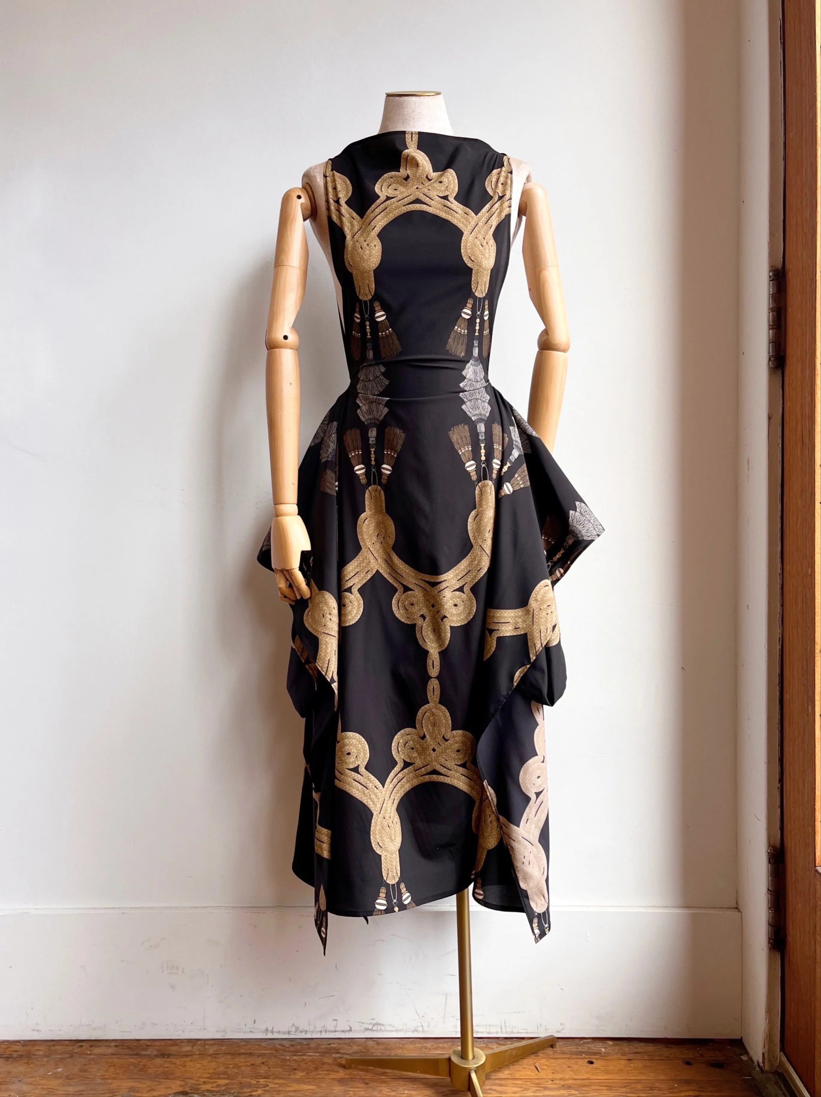 Zero-Waste Dress in Black Tassel Print