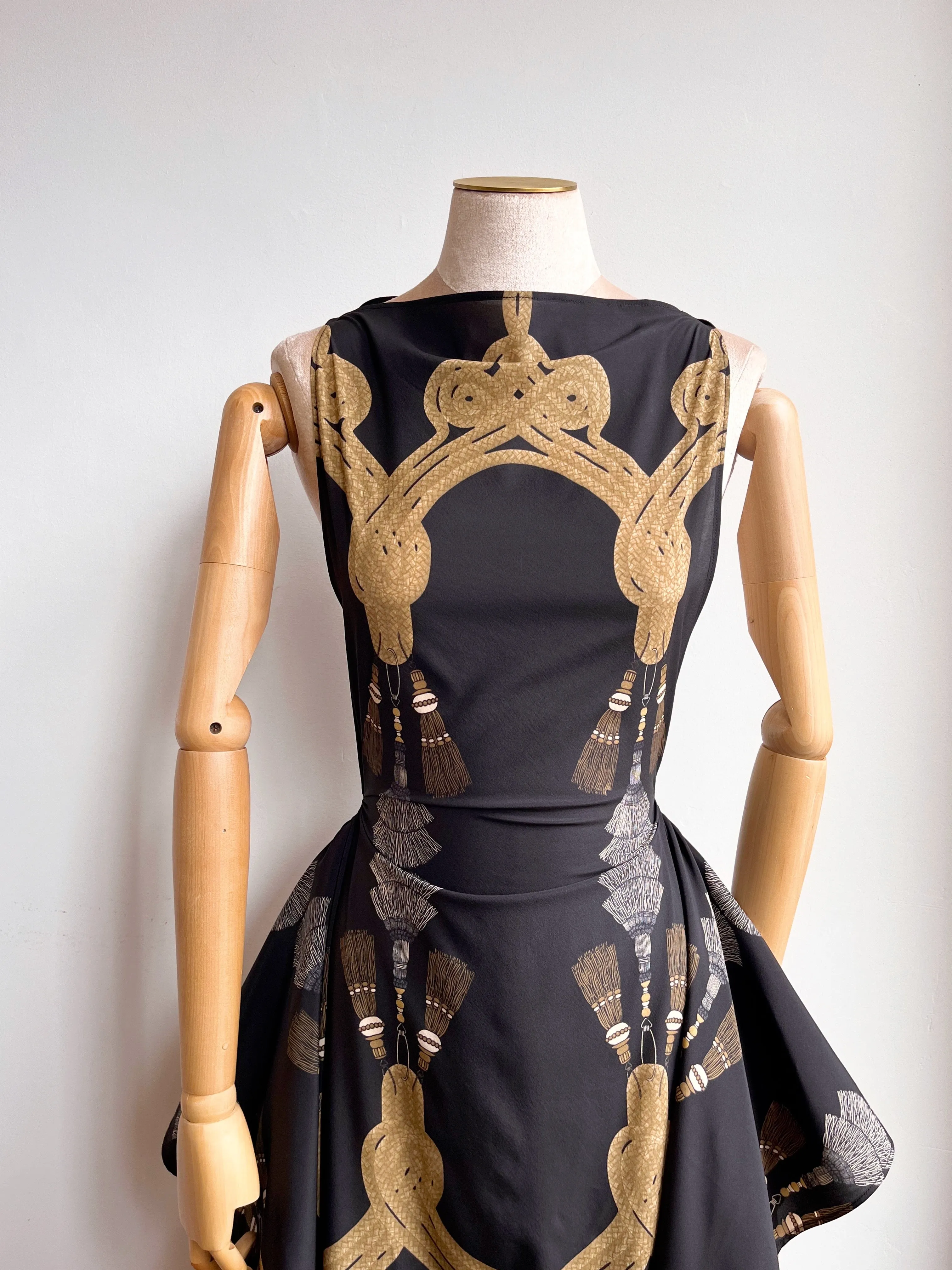 Zero-Waste Dress in Black Tassel Print