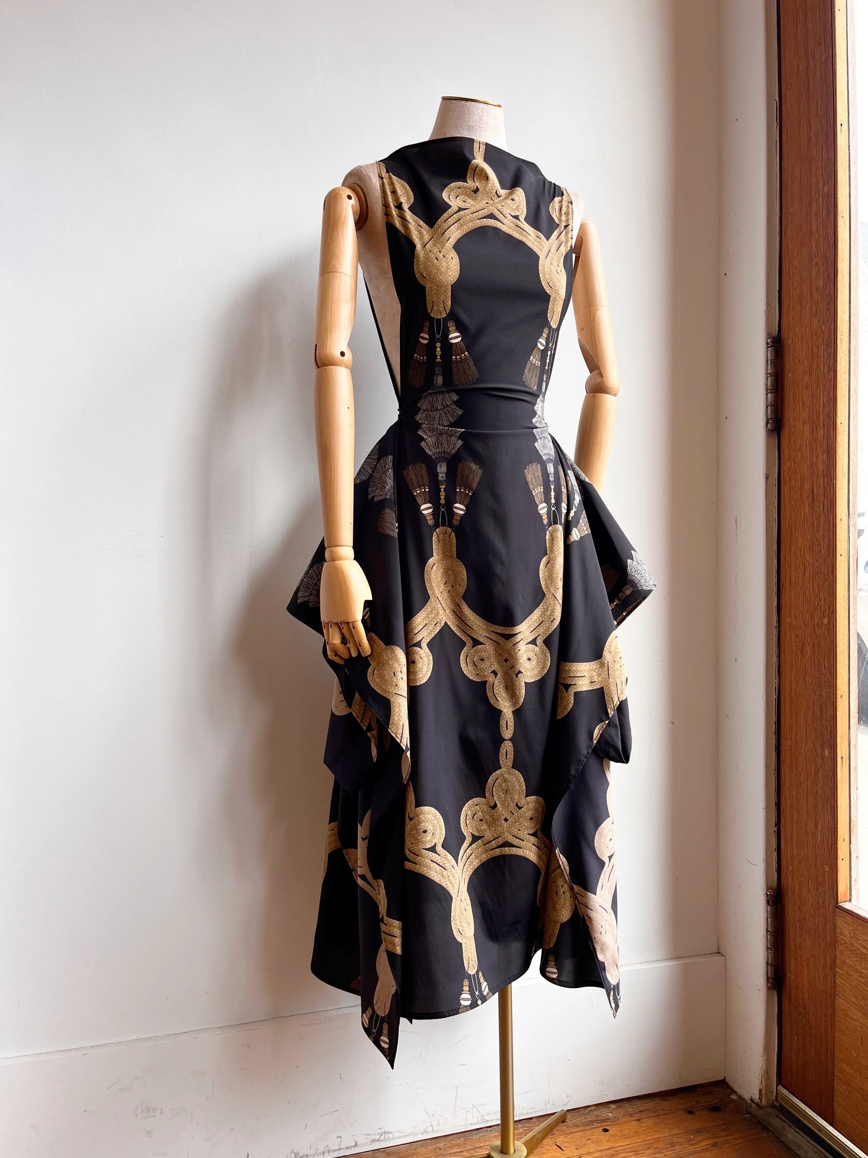 Zero-Waste Dress in Black Tassel Print